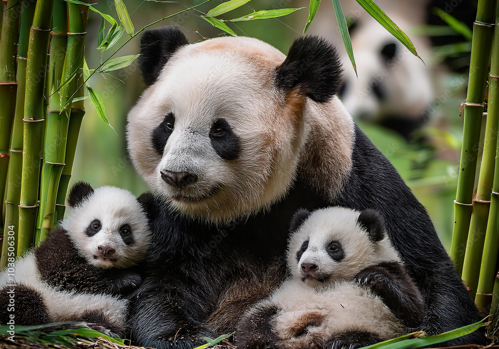 Fototapeta premium Große Panda (Ailuropoda melanoleuca) Muttertier mit Jungen im Bambuswald
