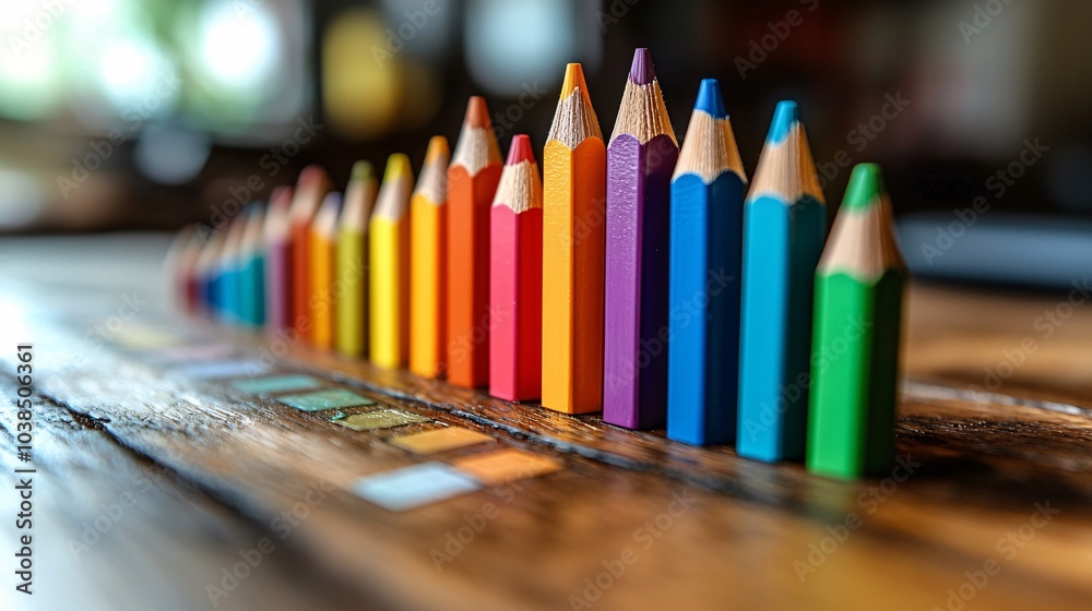 Colorful Pencils in a Row on Wooden Table Art Supplies Creativity Back to School Educ Colorful Pencils in a Row on Wooden Table Art Supplies Creativity Back to School Educ