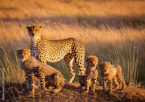 Gepard (Acinonyx jubatus) Muttertier mit Jungen im Grasland, Afrika  photo