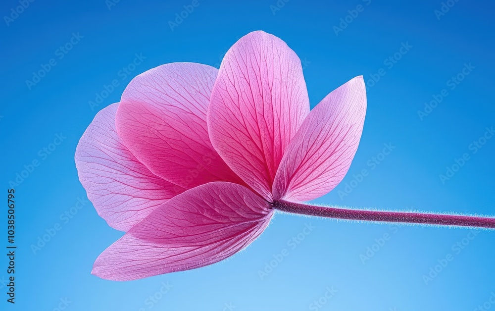 Fototapeta premium Beautiful pink flower with delicate petals against a clear blue background.