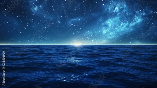 A serene ocean under a blue sky, with stars sparkling above and the galaxy faintly illuminating the horizon.