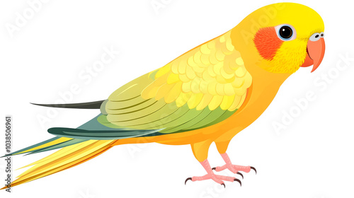 A yellow and green parrot with a pink beak and red eye rings stands on a white background.