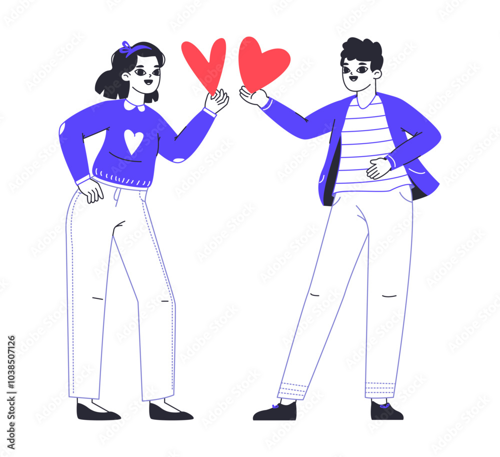 Fototapeta premium Couple in love. Romantic characters sharing and giving hearts, Valentine's day love sharing flat vector illustration. Man and woman giving hearts to each other