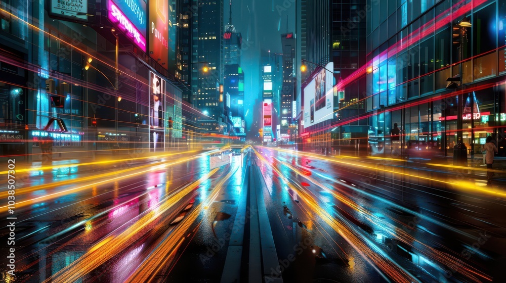 Neon light trails on a city street at night, urban background, vibrant nightlife