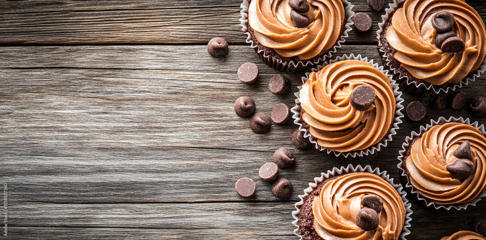 Decadent chocolate cupcakes with rich frosting are beautifully arranged on rustic wooden background, creating delightful and inviting scene Decadent chocolate cupcakes with rich frosting are beautifully arranged on rustic wooden background, creating delightful and inviting scene