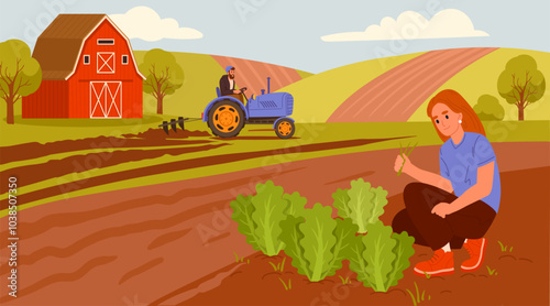 Farmers harvest crop. Agricultural farm workers harvesting and plough land, organic food production flat vector background illustration. Farmland harvest season scene