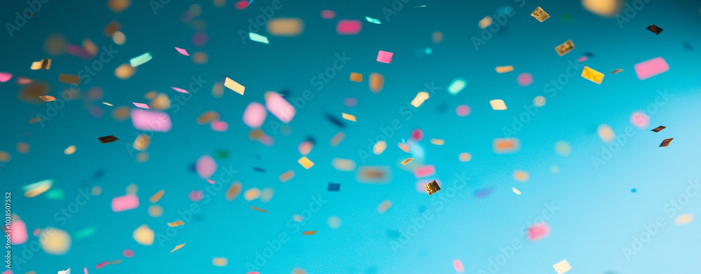 Colorful confetti falling on vibrant blue background creates festive atmosphere, perfect for celebrations and joyful moments. mix of shapes and colors adds playful touch to any event Colorful confetti falling on vibrant blue background creates festive atmosphere, perfect for celebrations and joyful moments. mix of shapes and colors adds playful touch to any event