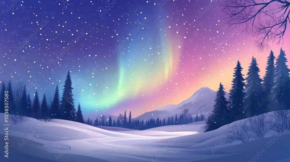 A vibrant aurora borealis illuminates a snowy, mountainous landscape with tall pine trees silhouetted against the starry sky. A vibrant aurora borealis illuminates a snowy, mountainous landscape with tall pine trees silhouetted against the starry sky.