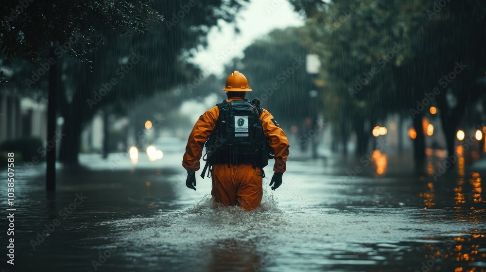 Fototapeta premium A flood relief worker in uniform wading through flooded streets, symbolizing aid efforts in a natural disaster zone.