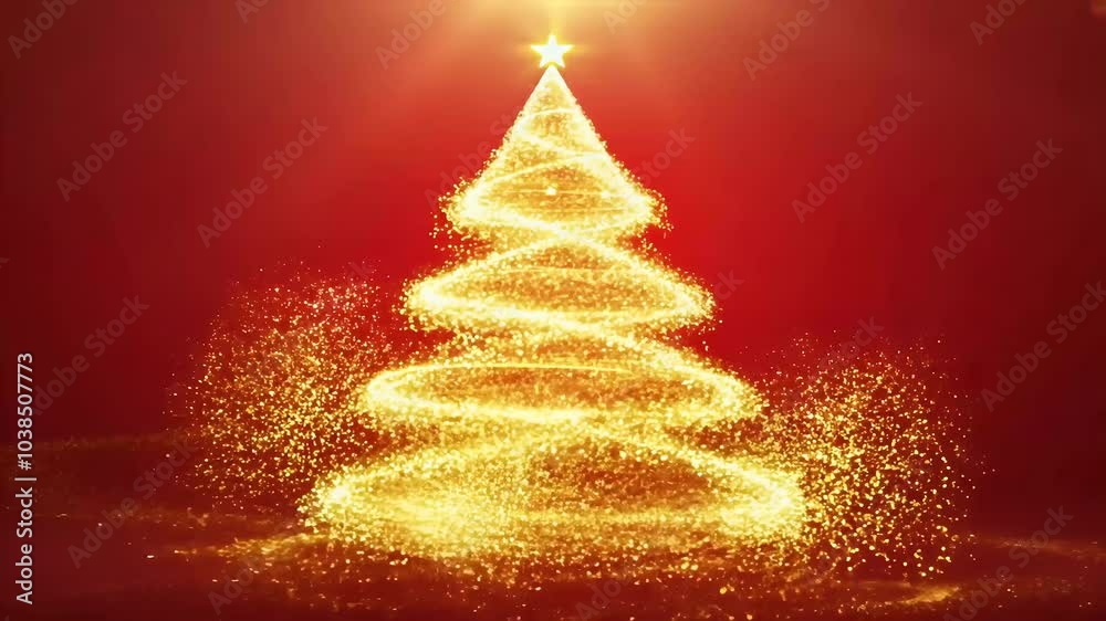 festive 4K Christmas animation bright light source drawing glowing golden tree made sparkling particles set red background perfect holiday greetings celebrations fir decoration glistering gold