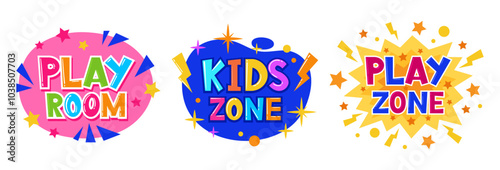 Kids entertainment play room badges. Colorful play zone labels, children playroom flat vector illustration set. Cartoon game zone party stickers