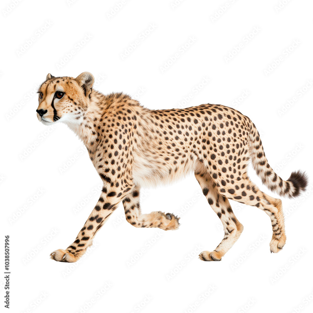 Cheetah walking gracefully, white isolate background Cheetah walking gracefully, white isolate background