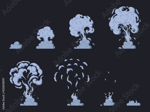 Smoke explosion animation. Dust clouds sprite elements, smoke silhouette animation flat vector illustration set. Cartoon explosion dust clouds action