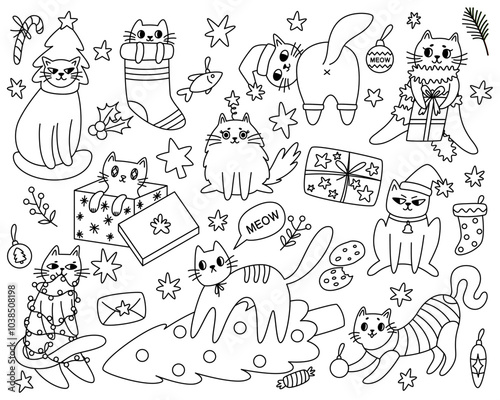 Merry Christmas. Set of line cats celebrating winter holiday. Cute cats wearing costumes, climbing Christmas tree and being naughty in flat cartoon style. Elements are isolated.