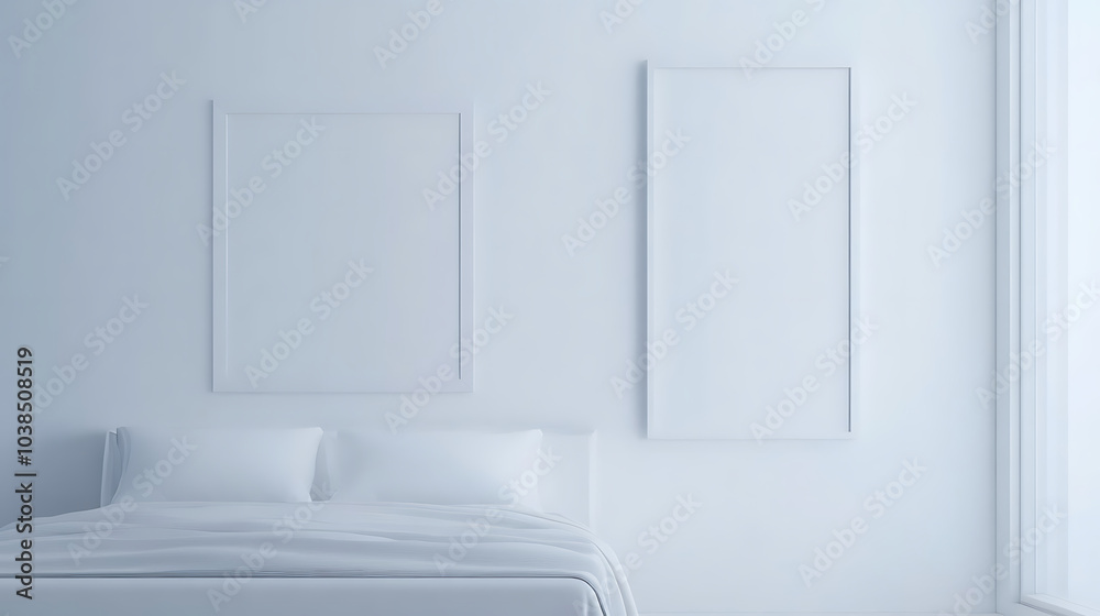 Fototapeta premium stylish minimal bedroom interior showcasing simple bed with white bedding and empty frames on walls, creating serene and tranquil atmosphere