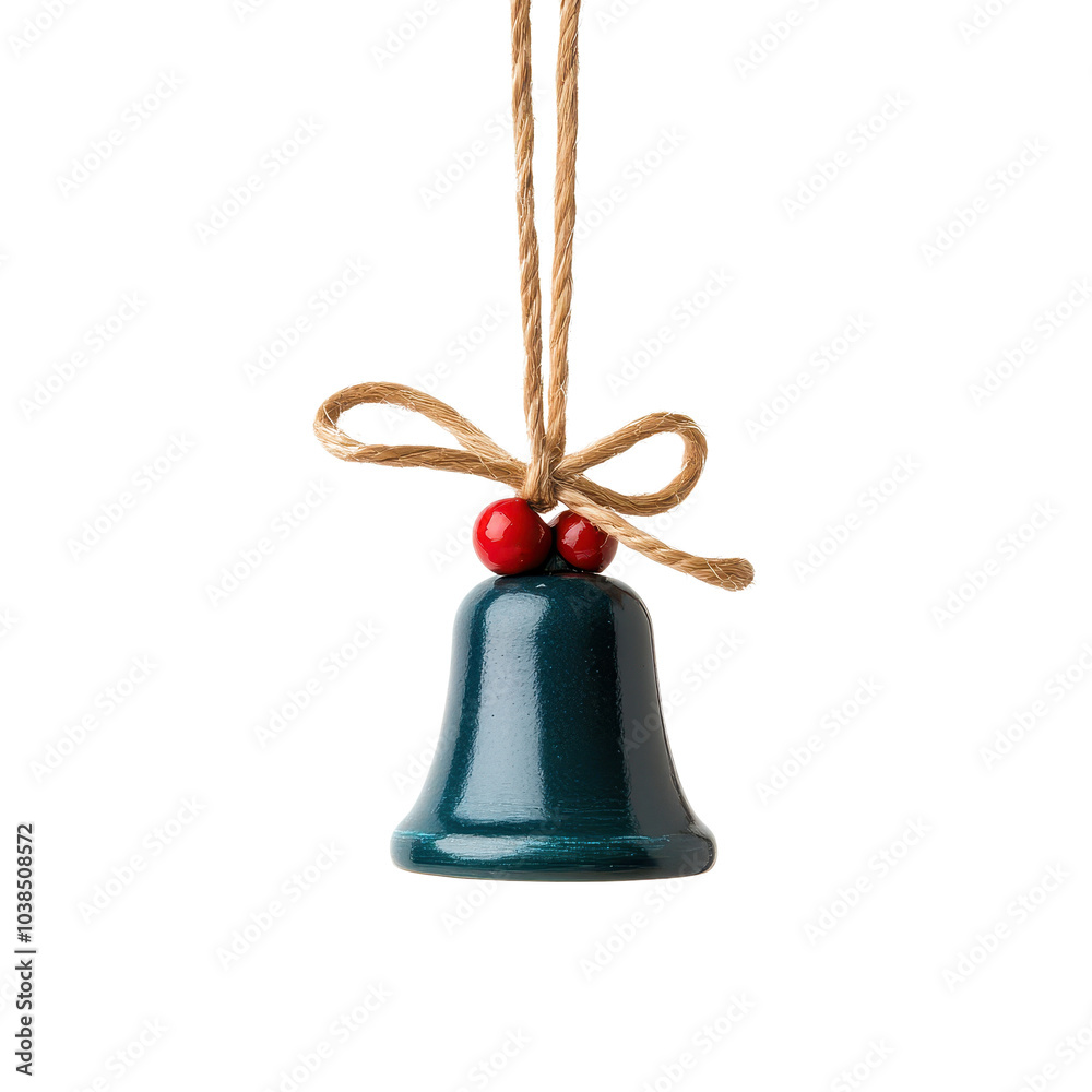Decorative bell with bow and berries, hanging on a string, white isolate background.