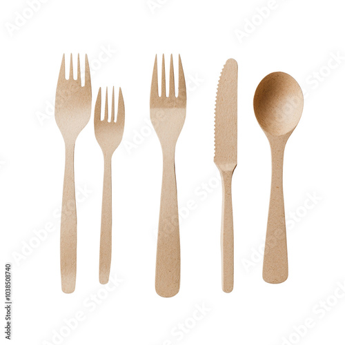 Eco-friendly cutlery set made of biodegradable materials on a white background.