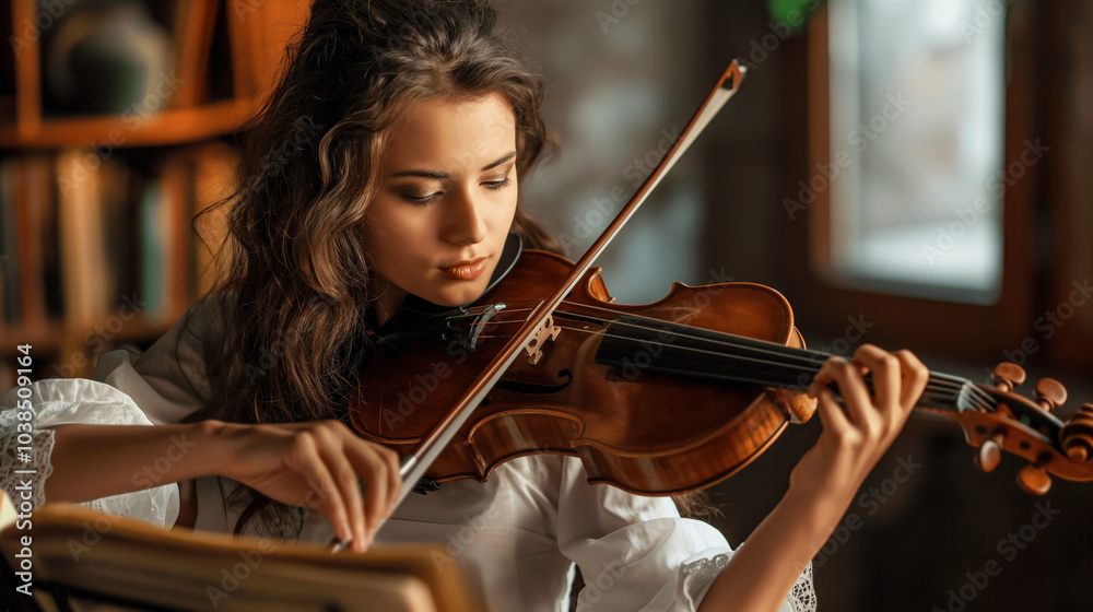 Young woman playing the violin with focus and concentration in a cozy room Young woman playing the violin with focus and concentration in a cozy room
