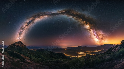 A stunning night sky filled with countless stars and the Milky Way galaxy, arched across a mountainous landscape.