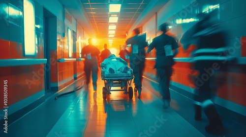 Urgent hospital scene with medical staff rushing a patient on a gurney through a brightly lit corridor, depicted in a cinematic style with motion blur.