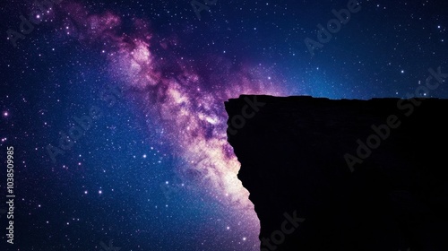 A towering cliff silhouette against a star-filled galaxy, with the Milky Way arching across the sky.