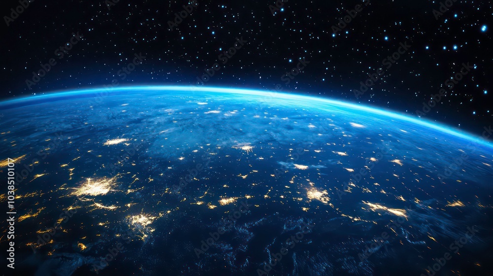 A stunning view of Earth from space, showcasing the planet's bright lights and vastness against the backdrop of the Milky Way. A stunning view of Earth from space, showcasing the planet's bright lights and vastness against the backdrop of the Milky Way.