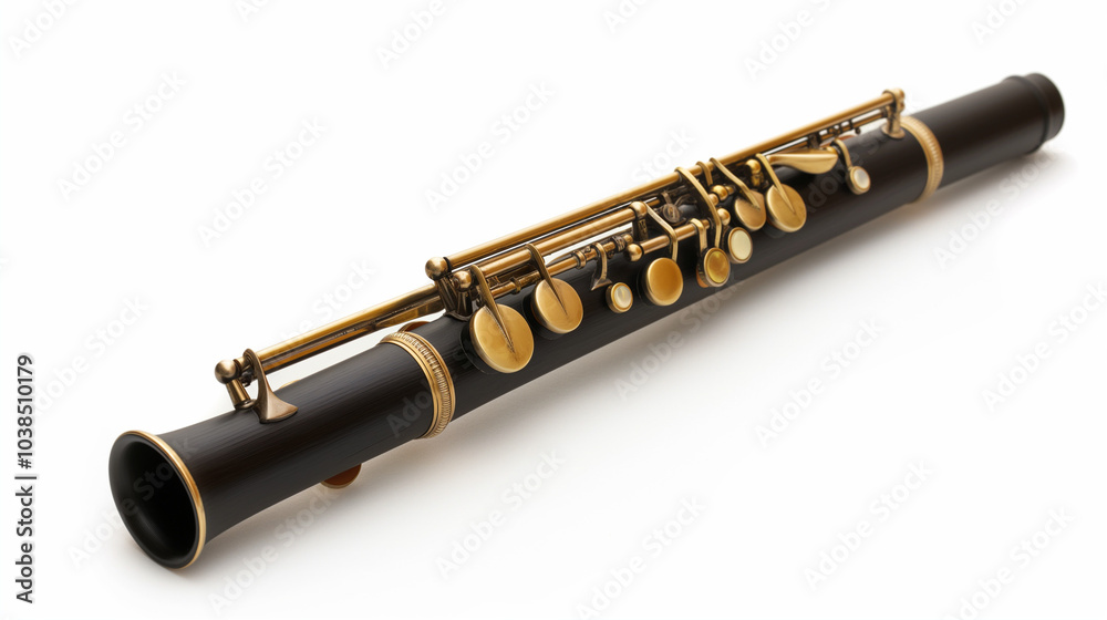 Naklejka premium Detailed close-up of a black clarinet, showcasing its keys and body, isolated on a white background.