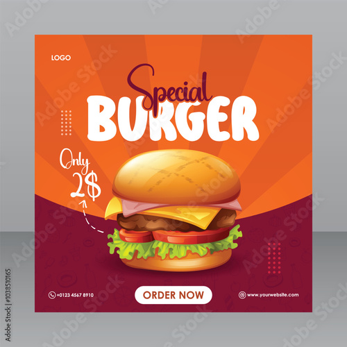 Square Special Burger Poster Template For Marketing Puposes, Food Banner, Food Poster, Food Flyer, Restaurant Flyer, Restaurant Banner, Restaurant Poster, Advertisement Flyer, Ads Poster