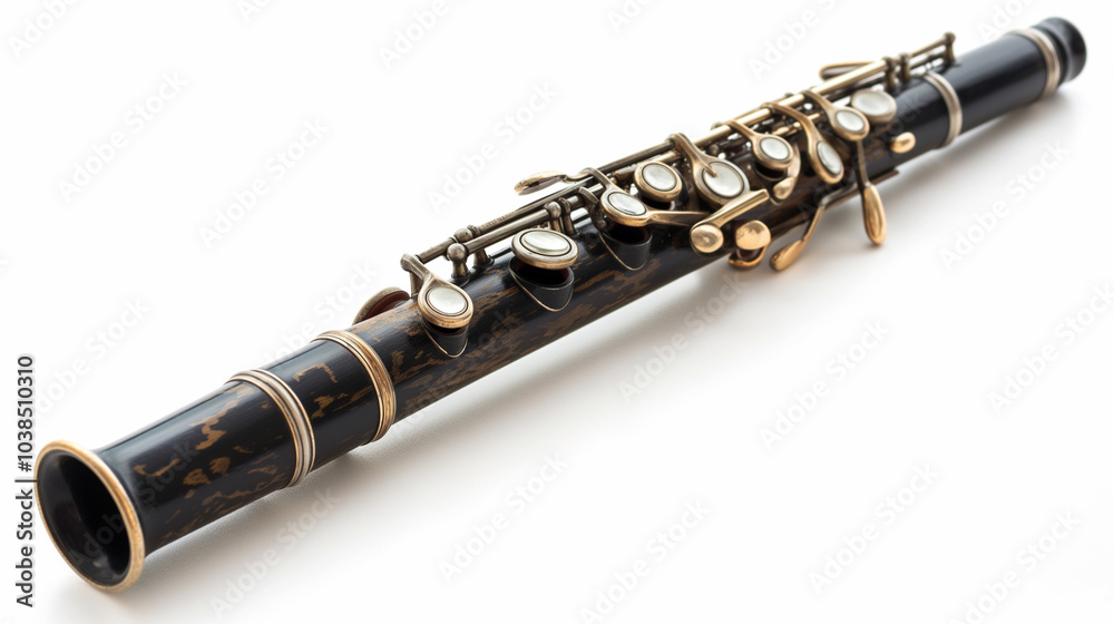 Naklejka premium Detailed close-up of a black clarinet, showcasing its keys and body, isolated on a white background.