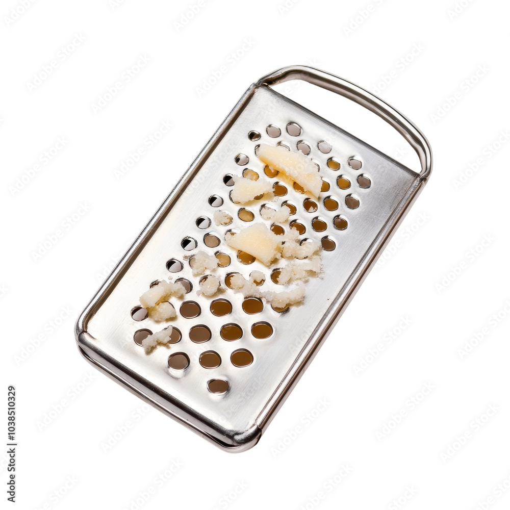 Metallic grater with grated cheese on a white isolated background. Metallic grater with grated cheese on a white isolated background.