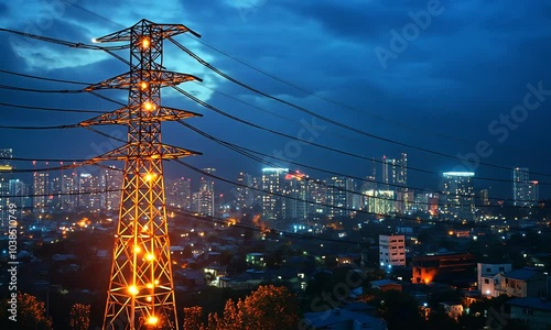A tall electricity pylon stands against the backdrop of a city skyline at night. The pylon is illuminated with orange lights and the city lights are visible in the distance.