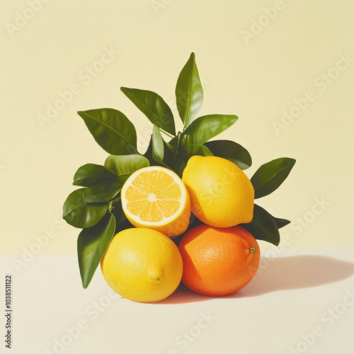 Vibrant citrus fruits with leaves