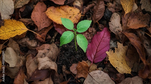 A vibrant green seedling surrounded by fallen autumn leaves, showing the contrast between new life and the changing seasons.