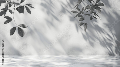 Minimalist scene with leaf shadows on white textured wall and marble surface