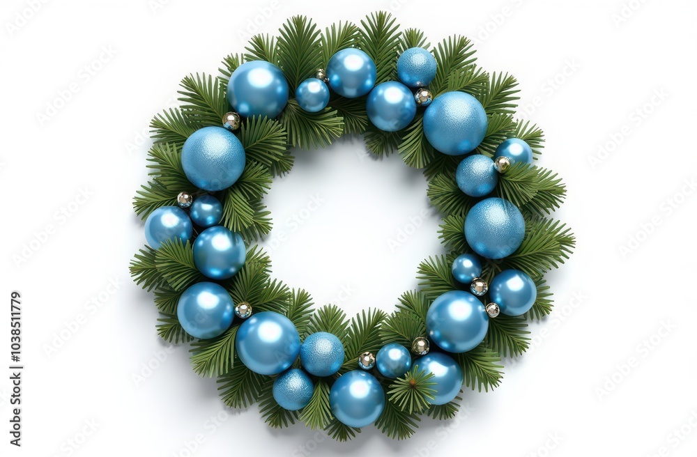 Festive Christmas wreath with blue balls isolated on white background Festive Christmas wreath with blue balls isolated on white background