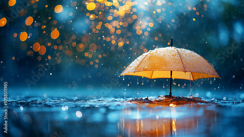 Wallpaper Mural Yellow umbrella covered in raindrops amidst bokeh lights on a rainy evening Torontodigital.ca