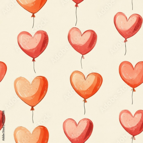 Vintage Coral Heart Shaped Balloon pattern on vintage beige fabric background, seamless repeating pattern, textile print style, minimal, summer balloon design, festive decor, textiles
