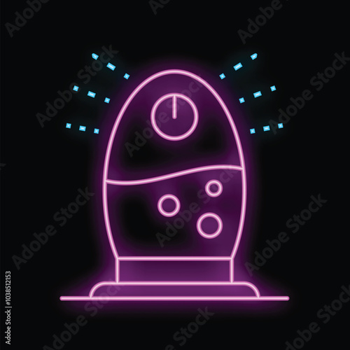 Bright neon icon of a modern ultrasonic humidifier diffusing cool vapor into the air, on black background