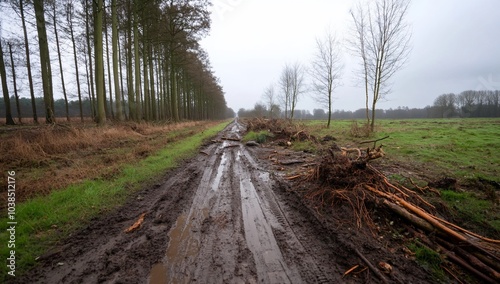 A muddy road lined with trees and uprooted vegetation in a misty landscape.