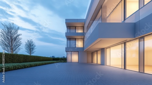 A large white building with a large glass window
