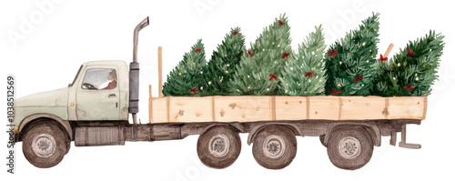 Truck carrying fresh Christmas trees, white isolate background