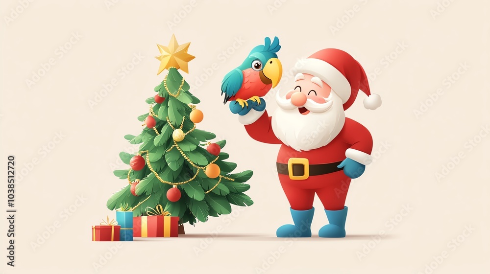 Santa Claus with a colorful parrot beside a decorated Christmas tree on a soft background. Santa Claus with a colorful parrot beside a decorated Christmas tree on a soft background.