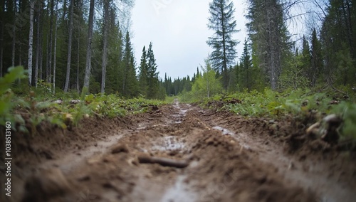 A muddy path through a forest, surrounded by trees and greenery.