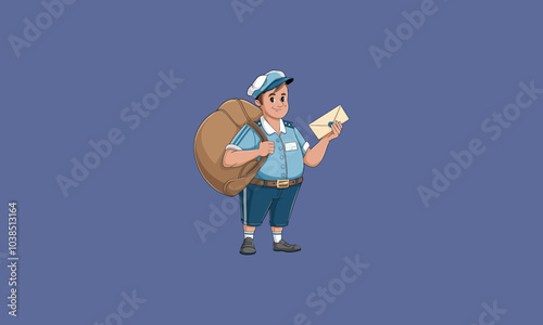 Postman holding a letter with a mailbag on his back.