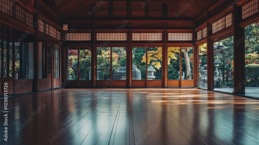 An empty dojo with wooden flooring, traditional Japanese architecture, and large windows, inviting peace and reflection. An empty dojo with wooden flooring, traditional Japanese architecture, and large windows, inviting peace and reflection.