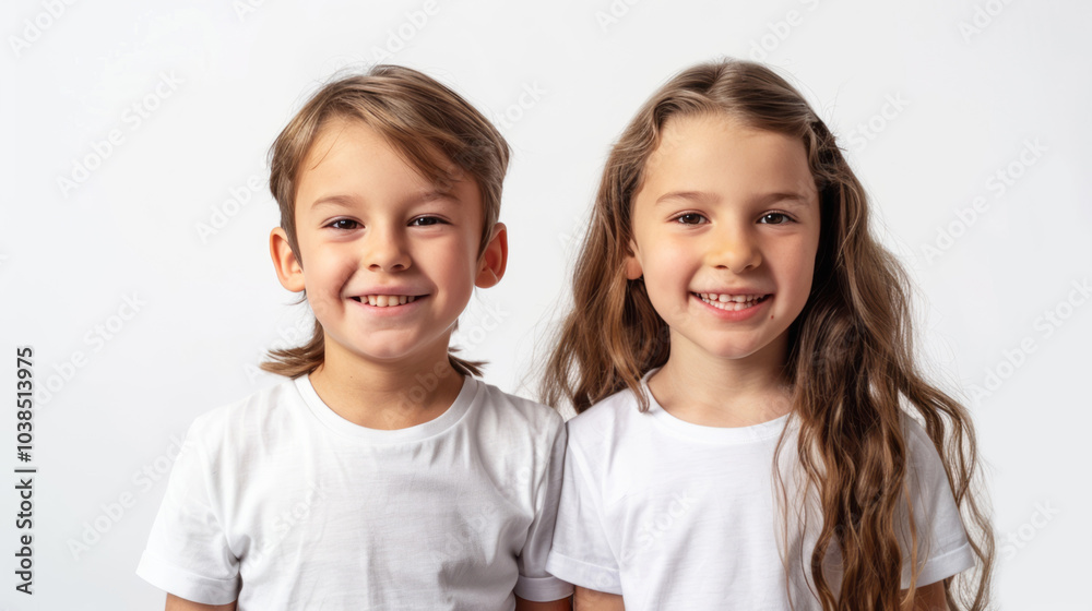 White background, two children wearing white t-shirts smiling at the camera, portrait, white mockup, white and clean. White background, two children wearing white t-shirts smiling at the camera, portrait, white mockup, white and clean.