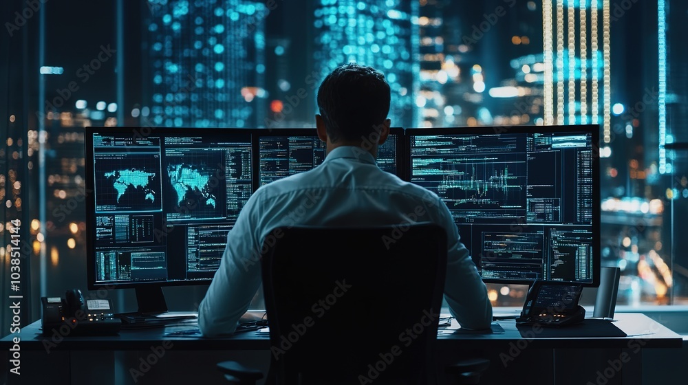 A cybersecurity expert monitoring disaster recovery post-attack. A cybersecurity expert monitoring disaster recovery post-attack.