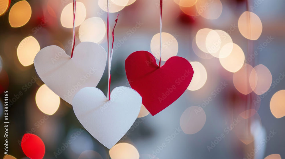 Two paper hearts, red and white, hanging on strings with a blurred background of Valentine decorations.