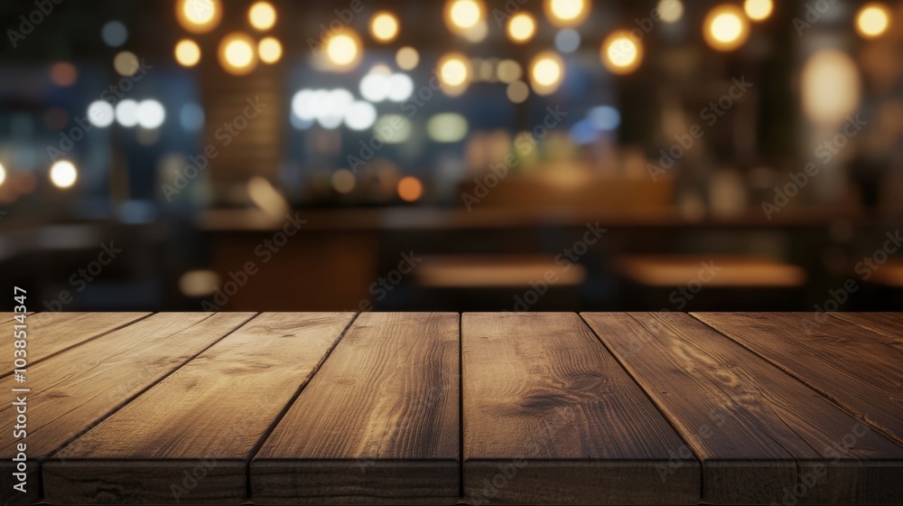 An empty wooden table with blurred bokeh lights of a busy coffee shop, capturing the warm, lively atmosphere. An empty wooden table with blurred bokeh lights of a busy coffee shop, capturing the warm, lively atmosphere.