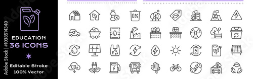 Green energy line icons set - editable stroke vector